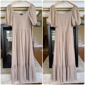 Elleborn Prairie Chic Mocha Smocked Ruffle Hem Maxi Dress Size Small